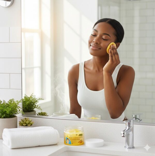 Applying turmeric cleansing pad on face